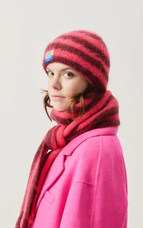 American Vintage Beanies and Caps WomenMen Beanie Bymi Burgundy And Hortensia Striped American Vintage Beanies and Caps WomenMen Beanie Bymi Burgundy And Hortensia Striped