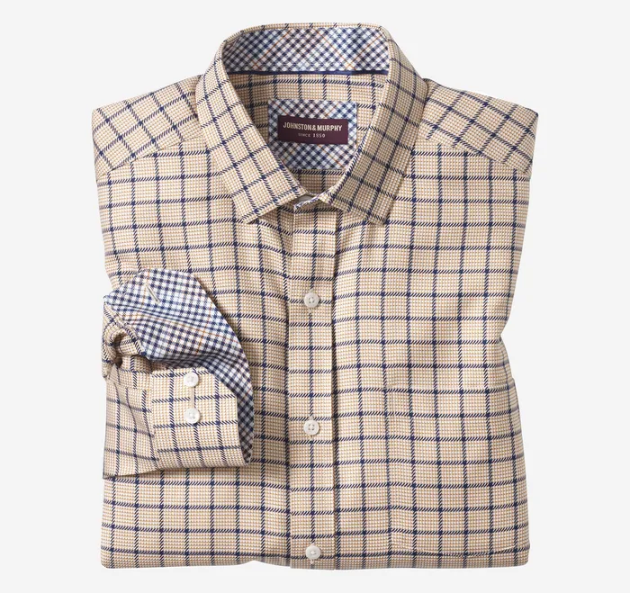 Apparel Men Johnston and Murphy NonIron Dress Shirt Rust Angled Neat Windowpane