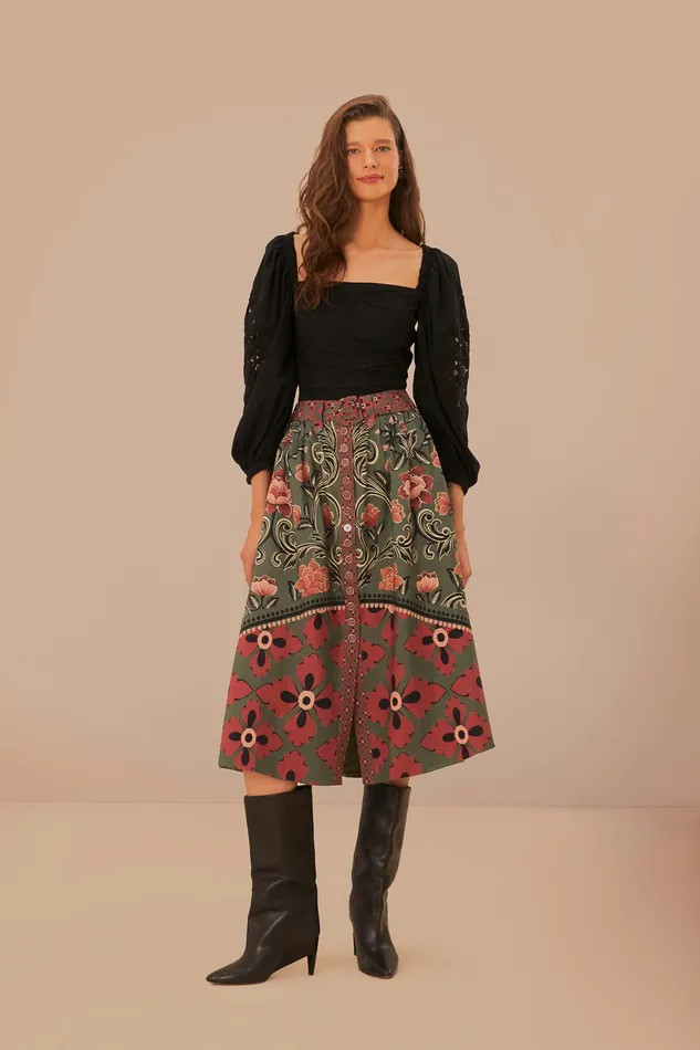 Arabesque Floral Green Buttons Midi Skirt Women Farm Rio Skirts