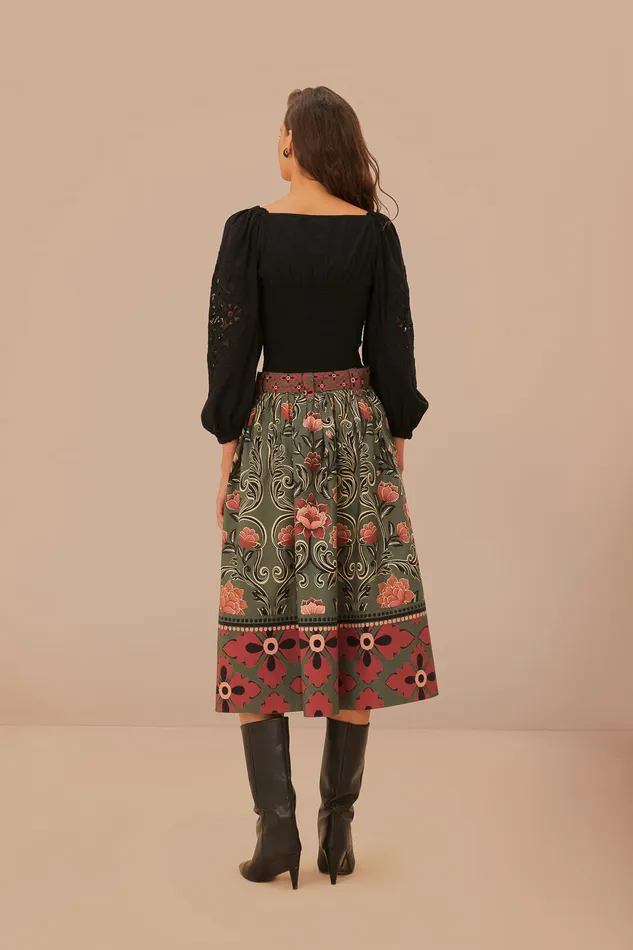Arabesque Floral Green Buttons Midi Skirt Women Farm Rio Skirts