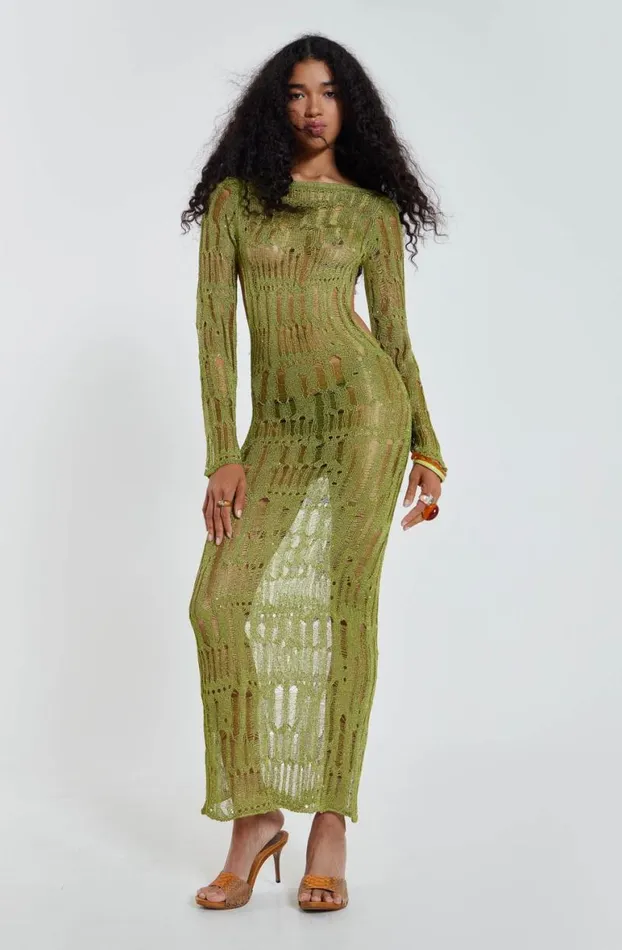 Beach Dress Women Jaded London Moss Green Metallic Umbra Maxi Dress