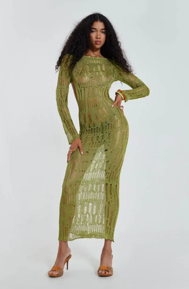 Beach Dress Women Jaded London Moss Green Metallic Umbra Maxi Dress
