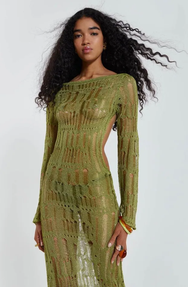 Beach Dress Women Jaded London Moss Green Metallic Umbra Maxi Dress