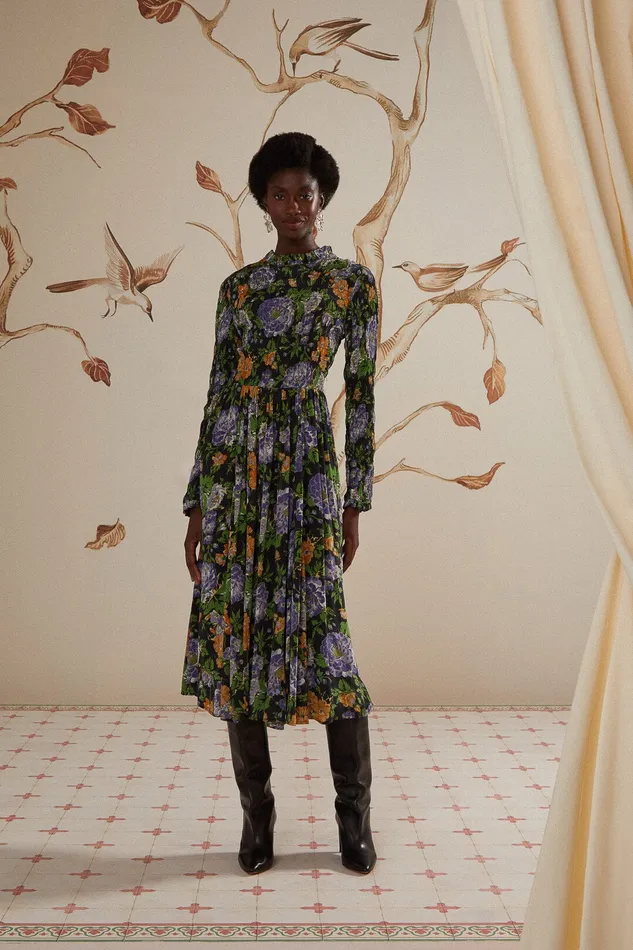 Black Capri Floral Midi Dress Long Sleeve Women Farm Rio Midi Dresses