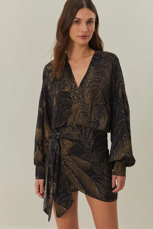 Black Golden Foliage Mini Dress Women Farm Rio Mini Dresses