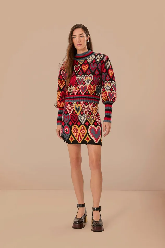Black Hearts Ikat Knit Sweater Women Farm Rio Sweaters and Sweatshirts