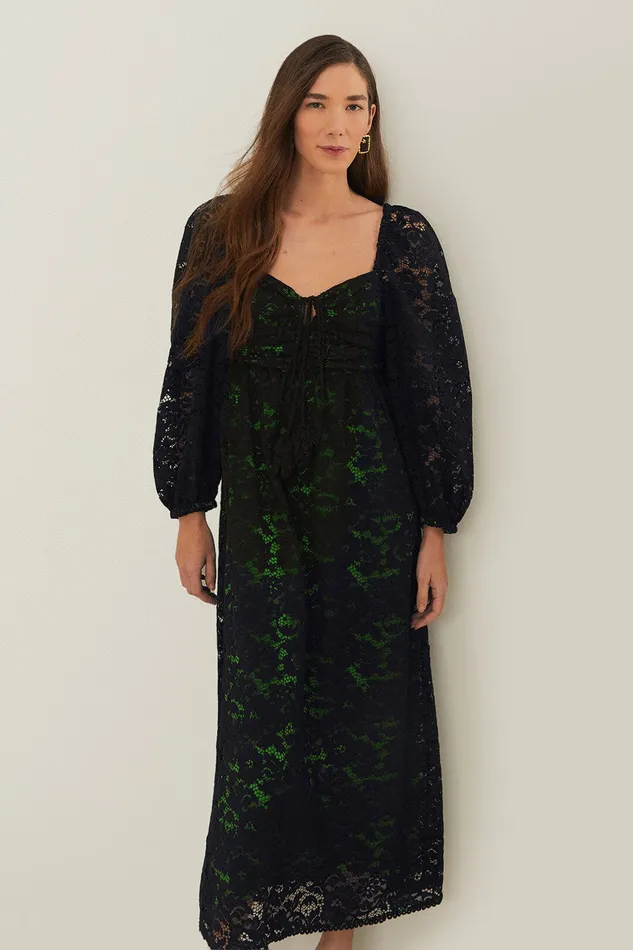 Black Lace Long Sleeve Midi Dress Women Farm Rio Midi Dresses