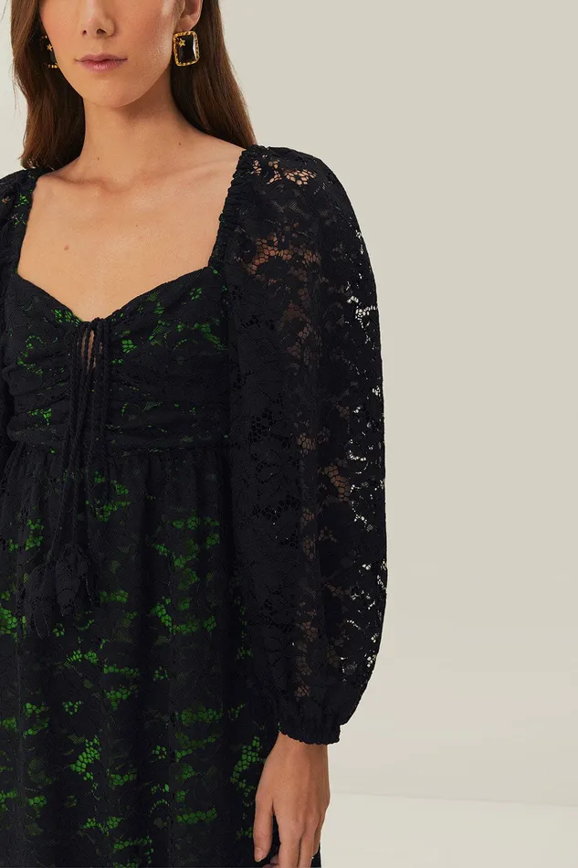 Black Lace Long Sleeve Midi Dress Women Farm Rio Midi Dresses