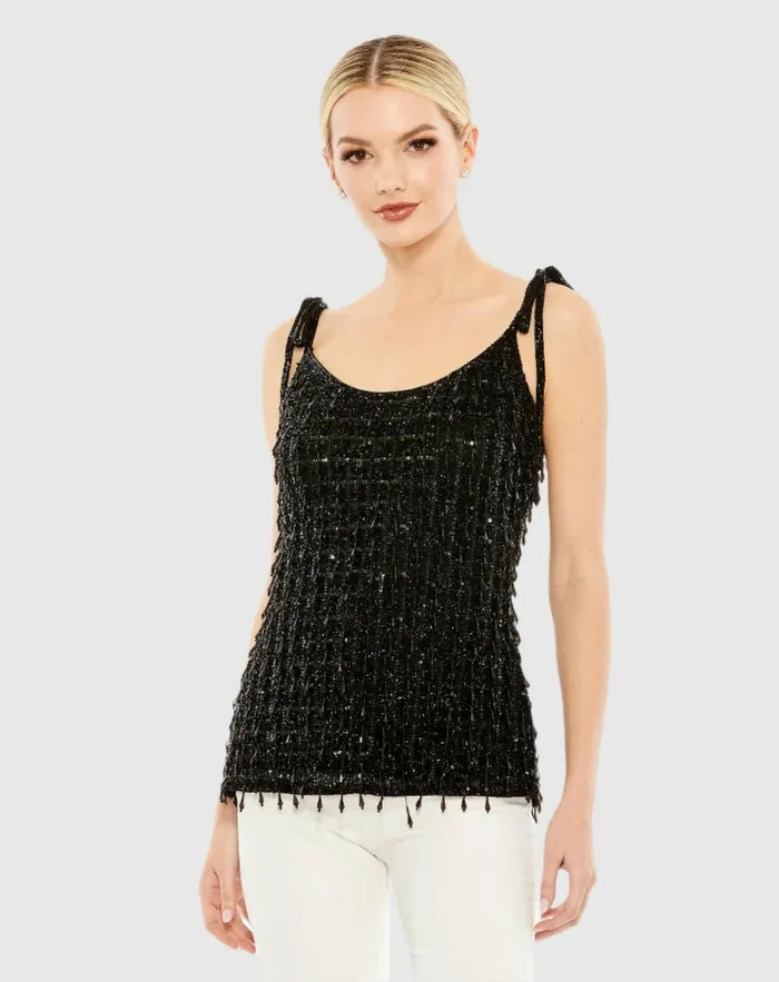 Crystal Embellished Soft Tie Cami Top 8211 FINAL SALE Black Women Blouses and Tops Mac Duggal Crystal Embellished Soft Tie Cami Top 8211 FINAL SALE Black Women Blouses and Tops Mac Duggal
