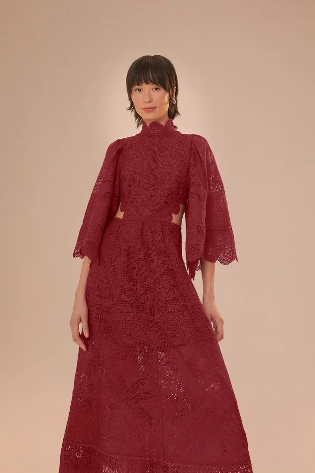 Dark Magenta Guipire CutOut Midi Dress Women Farm Rio Midi Dresses