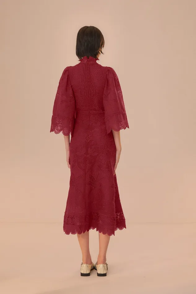 Dark Magenta Guipire CutOut Midi Dress Women Farm Rio Midi Dresses