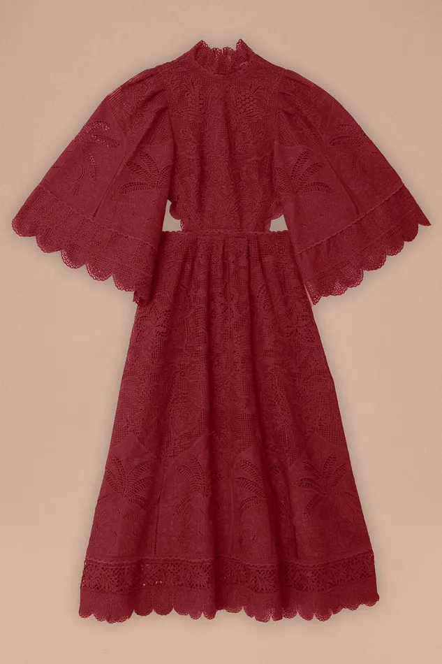 Dark Magenta Guipire CutOut Midi Dress Women Farm Rio Midi Dresses