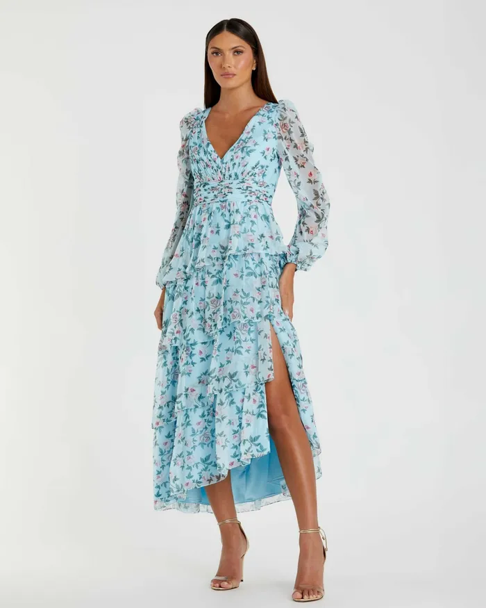 Daytime Dresses Puff Sleeve Floral Printed Dress Aqua Multi Mac Duggal Women