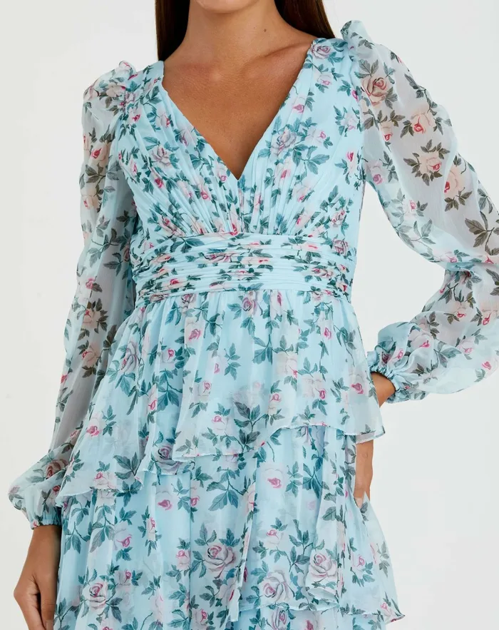 Daytime Dresses Puff Sleeve Floral Printed Dress Aqua Multi Mac Duggal Women