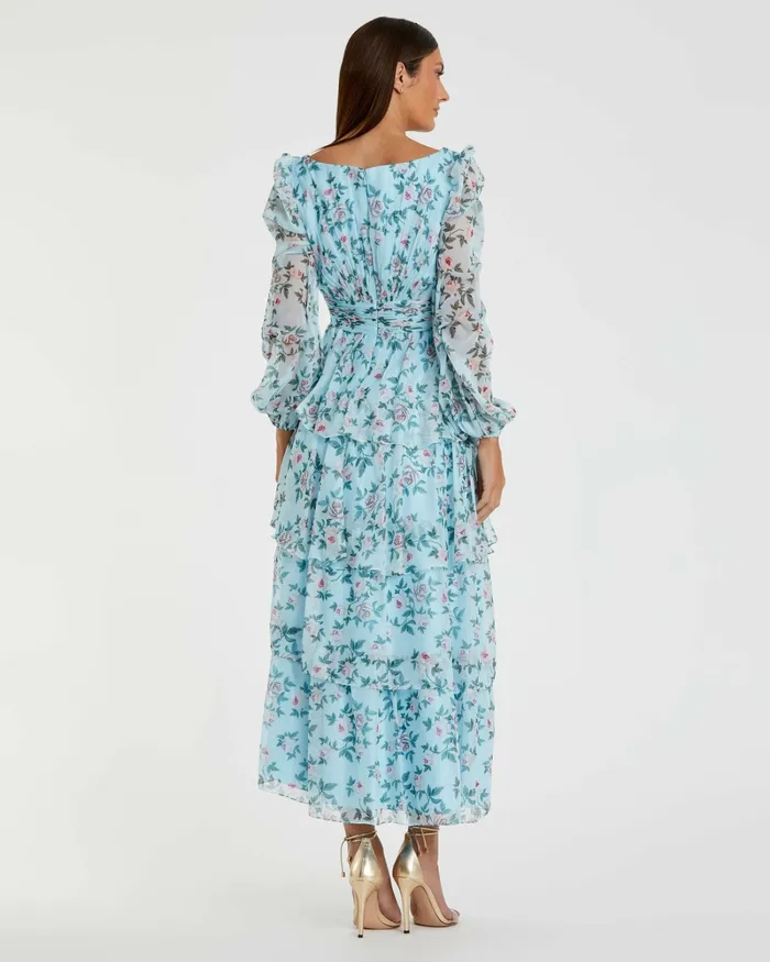 Daytime Dresses Puff Sleeve Floral Printed Dress Aqua Multi Mac Duggal Women