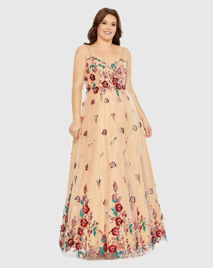 Embellished Butterfly Sleeveless Lace Up Gown Nude Multi Plus Size Dresses Mac Duggal Women Embellished Butterfly Sleeveless Lace Up Gown Nude Multi Plus Size Dresses Mac Duggal Women