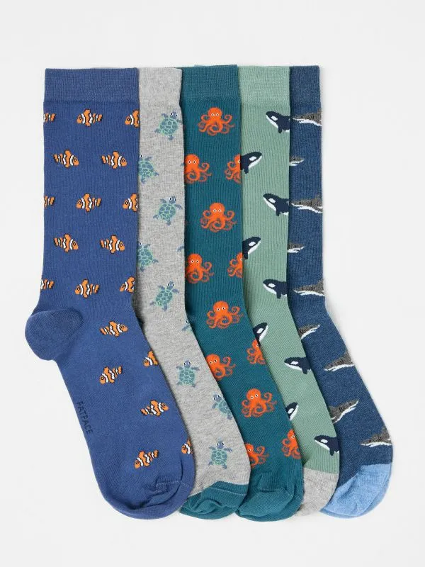 Fat Face Socks Men Multi Sealife 5 Pairs Socks