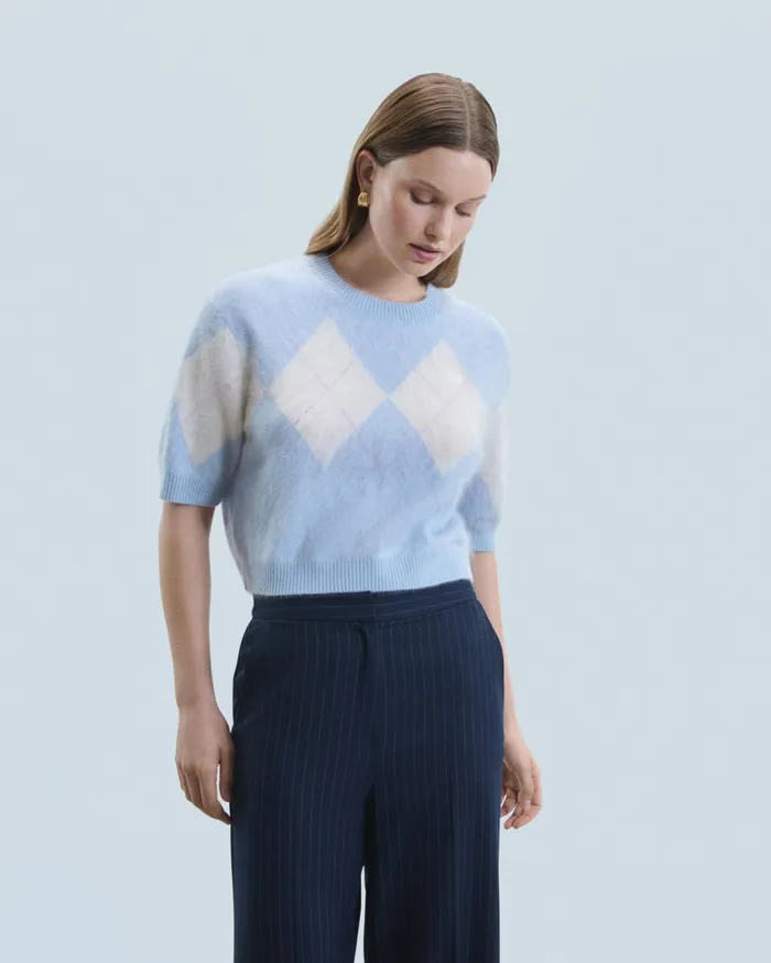 From Future Cashmere Sweaters Women Crewneck Sweater In Brushed Cashmere With Diamond Pattern Baby Blue