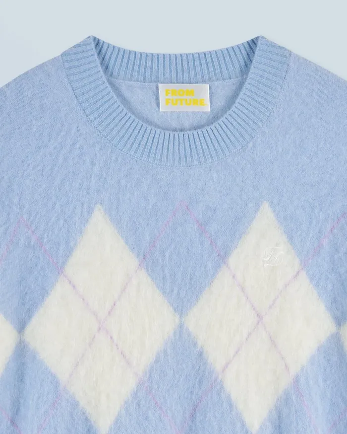 From Future Cashmere Sweaters Women Crewneck Sweater In Brushed Cashmere With Diamond Pattern Baby Blue