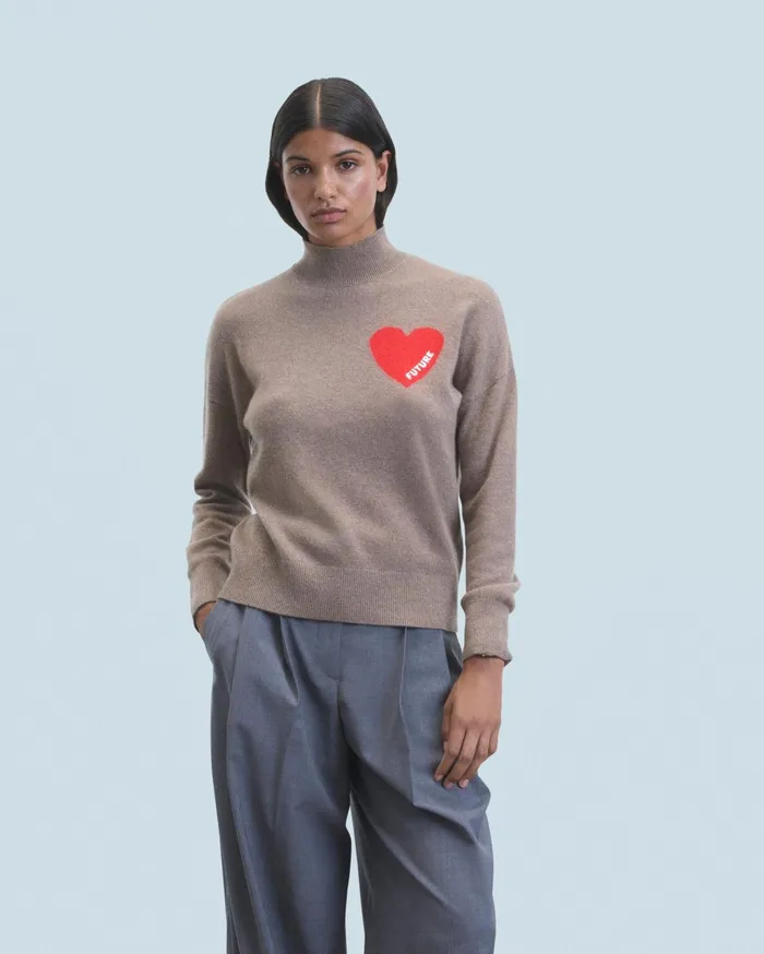 From Future Cashmere Sweaters Women Light Heart Mock Neck Sweater Taupe