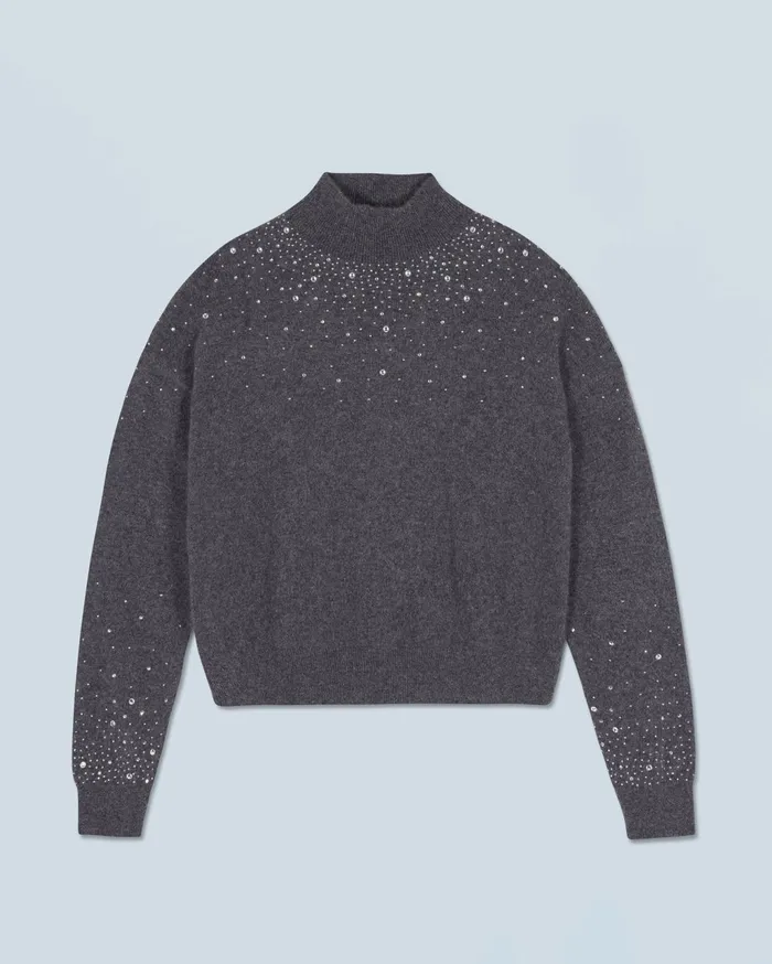 From Future Cashmere Sweaters Women Mock Neck Light Sweater With Rhinestones Charcoal Gray
