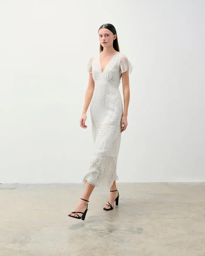 From Future Dresses and Jumpsuits Women Julia Short Sleeve Long Dress Ecru Polka Dots