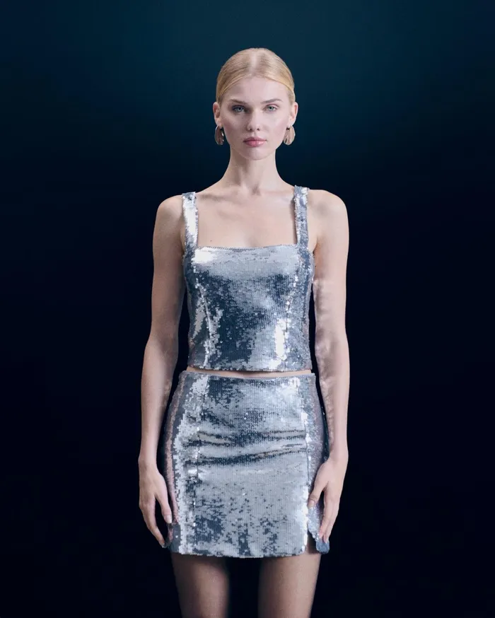 From Future Shirts TShirts and Tops Women Sequins Strap Top Silver