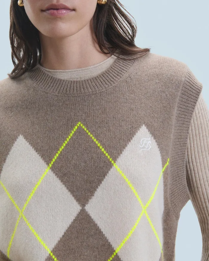 From Future Sleeveless Sweaters Women Diamond Pattern Sleeveless Sweater Taupe
