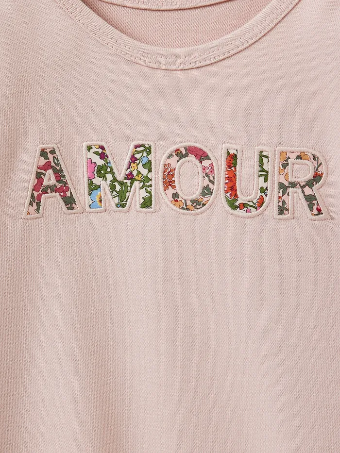 Girls Cyrillus Clothing TShirt With Message Trim Made With Liberty Fabric 8211 Organic Cotton Rose Doux