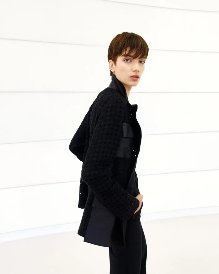 Girta Open Grid Embroidery Safari Jacket Black Women Akris Jackets