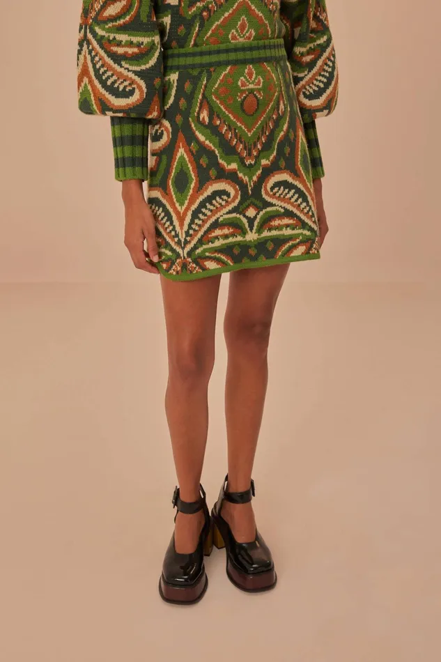 Green Pinneaple Ikat Knit Mini Skirt Women Farm Rio Skirts