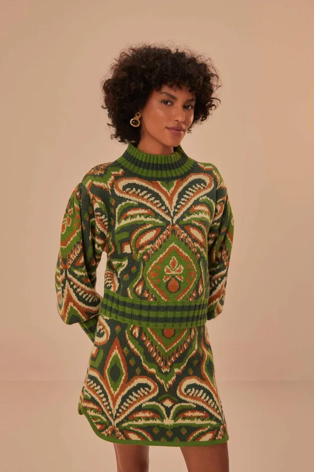 Green Pinneaple Ikat Knit Mini Skirt Women Farm Rio Skirts