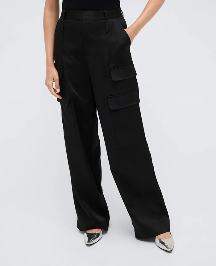 Kenneth Cole Matching Sets Women Satin High Rise Cargo Wide Leg Pant Black