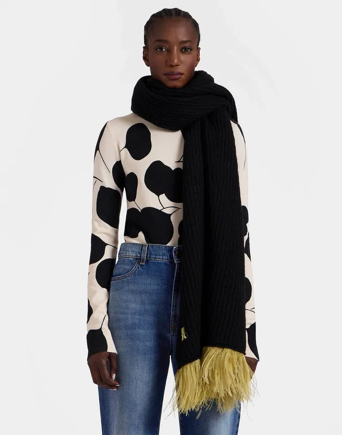 La Doublej High Kick Scarf Anthracite In Wool With Feathers Women Foulards and Scarves