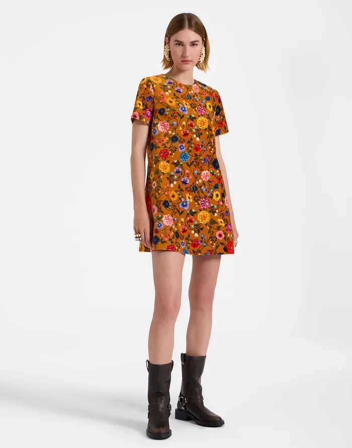 La Doublej Mini Swing Dress Botticelli Rust In Cotton Velvet Women Party Dressing