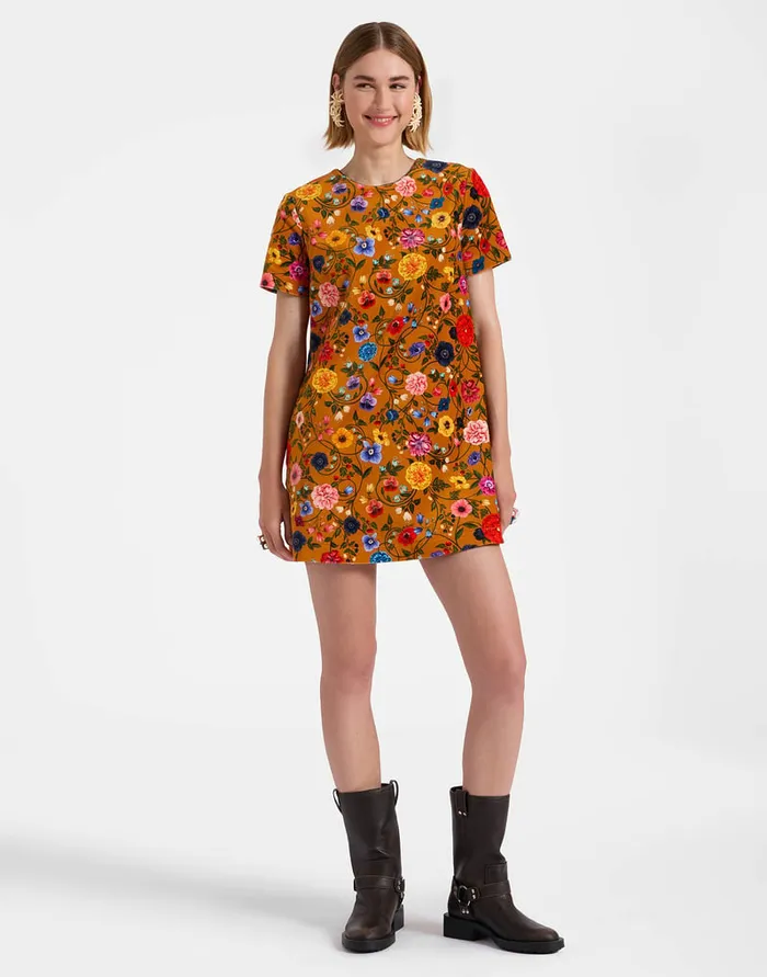 La Doublej Mini Swing Dress Botticelli Rust In Cotton Velvet Women Party Dressing