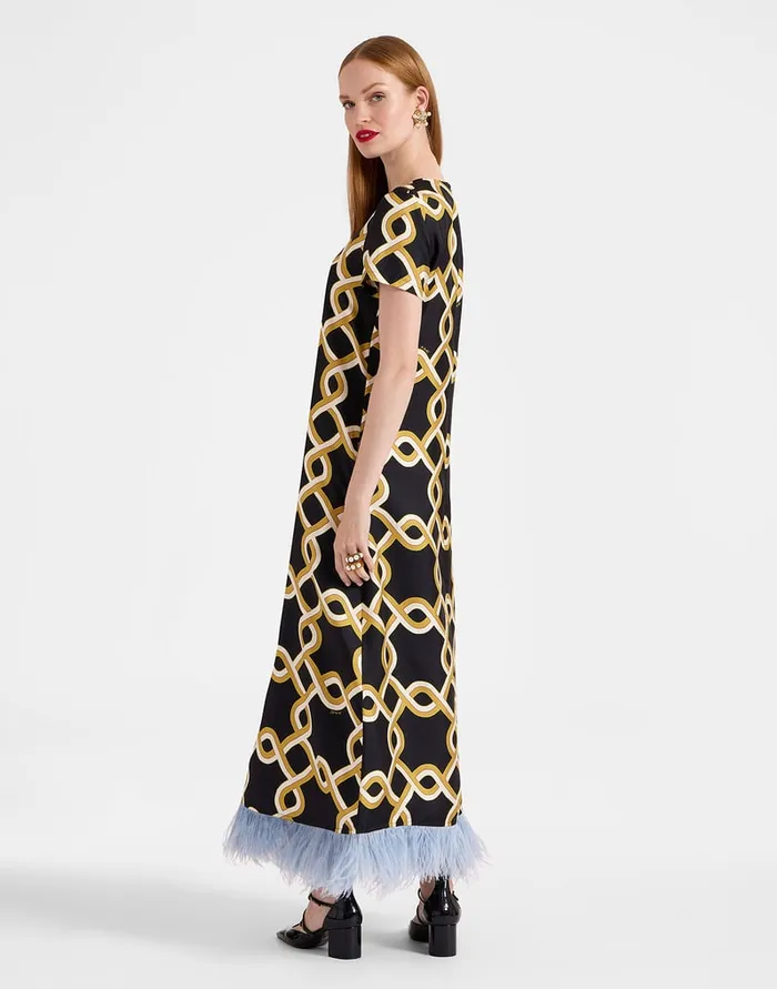La Doublej Swing Dress Tackle Black In Silk Twill With Feathers Women Dresses