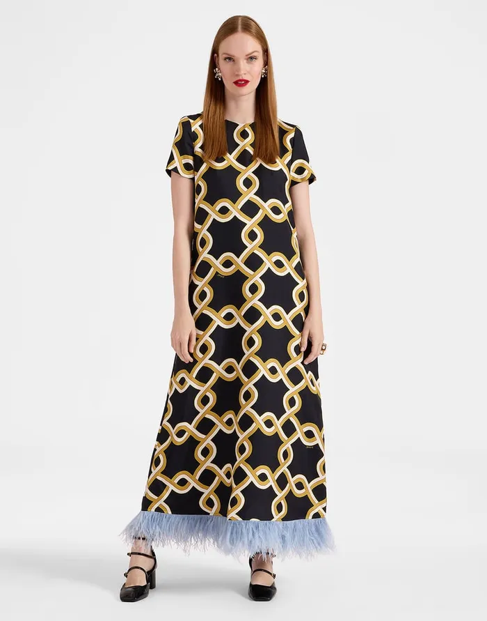 La Doublej Swing Dress Tackle Black In Silk Twill With Feathers Women Dresses