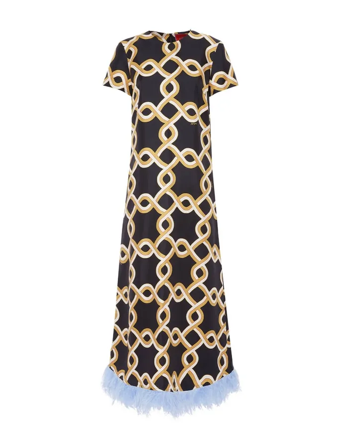 La Doublej Swing Dress Tackle Black In Silk Twill With Feathers Women Dresses