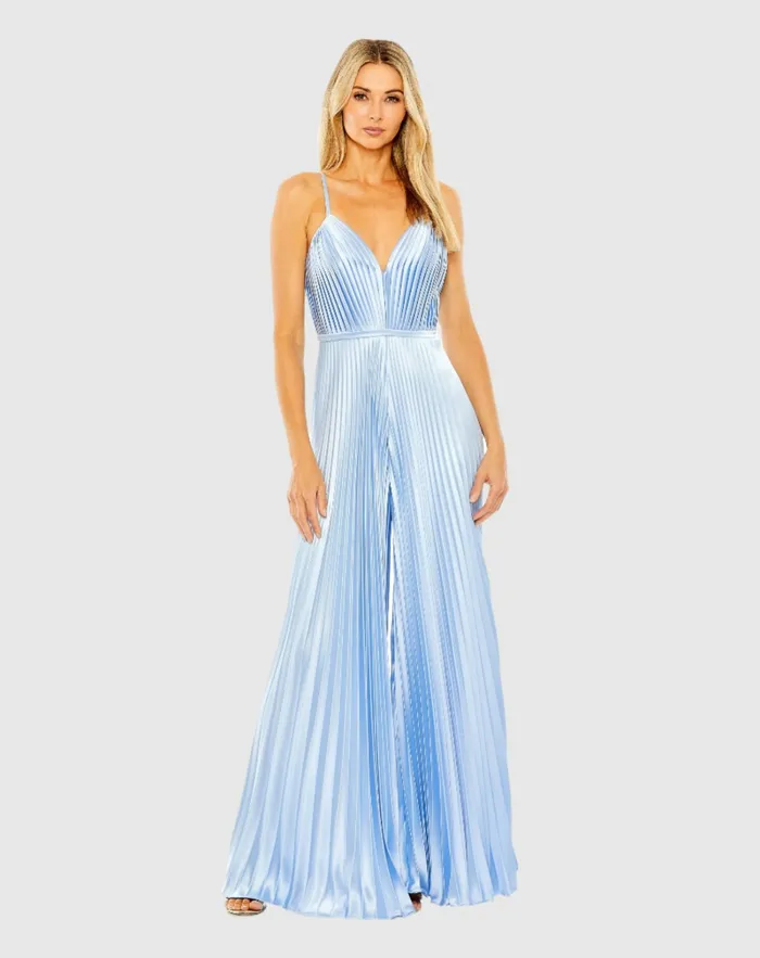 Light Blue Pleated Plunge Neck Wide Leg Jumpsuit Blue Women Daytime Dresses Mac Duggal