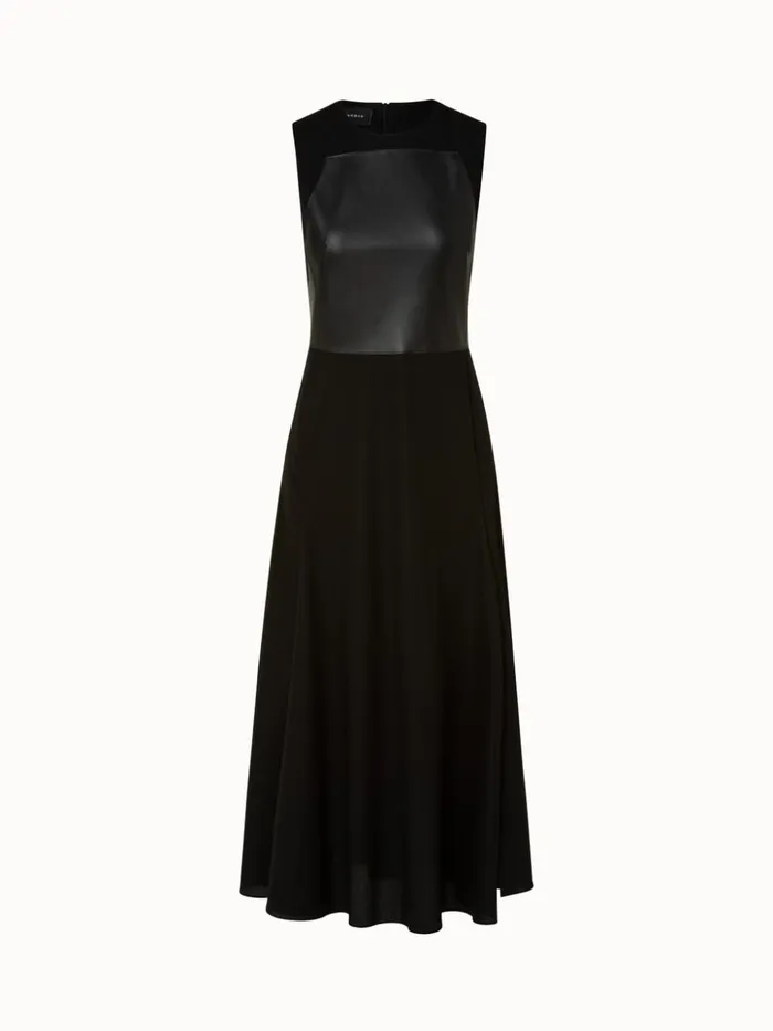 Long Cotton Twill Dress With Leather Apron Bodice Black Women Akris Dresses