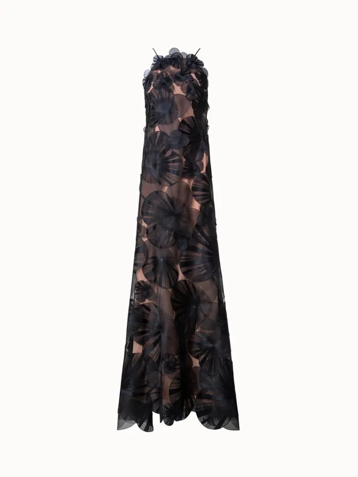 Long Evening Gown With Allover Poppy Embroidery Black Women Akris Dresses