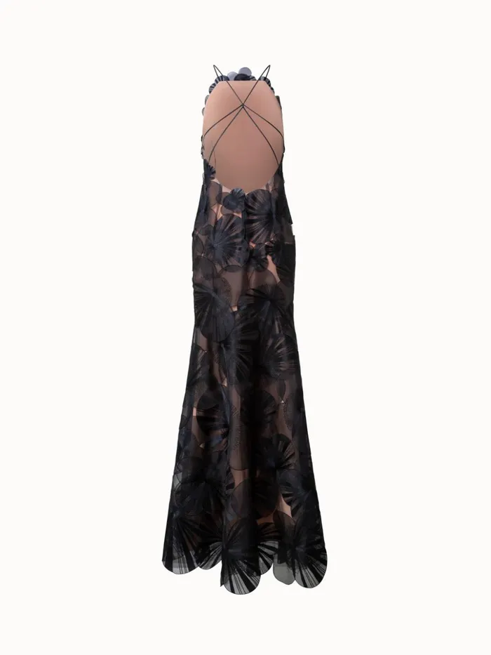 Long Evening Gown With Allover Poppy Embroidery Black Women Akris Dresses