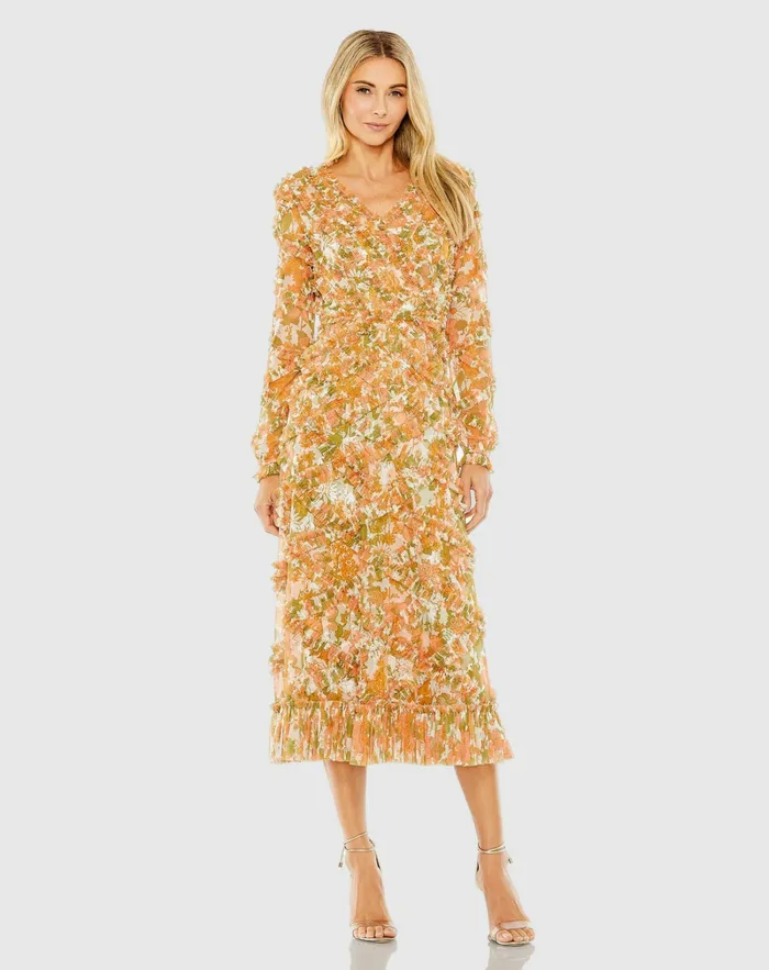Long Sleeve Low Back Floral V Neck Ruffle Dress Orange Multi Daytime Dresses Mac Duggal Women Long Sleeve Low Back Floral V Neck Ruffle Dress Orange Multi Daytime Dresses Mac Duggal Women