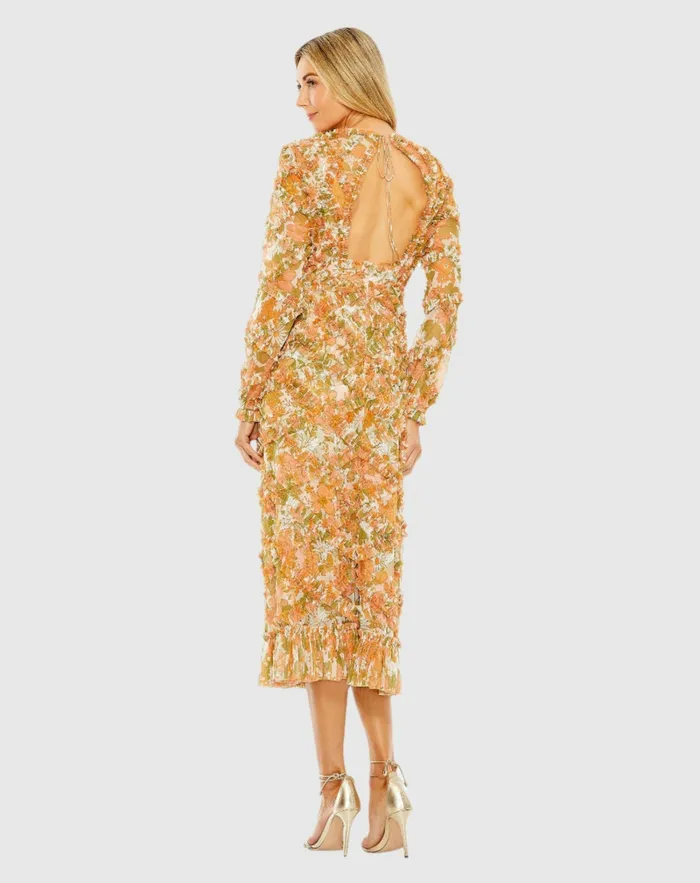 Long Sleeve Low Back Floral V Neck Ruffle Dress Orange Multi Daytime Dresses Mac Duggal Women