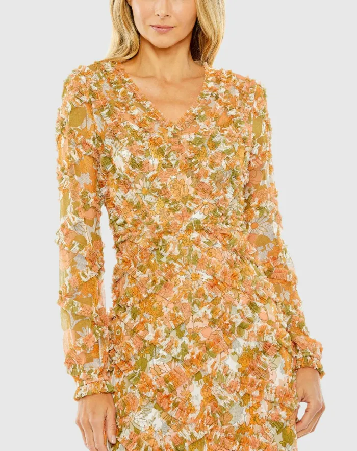 Long Sleeve Low Back Floral V Neck Ruffle Dress Orange Multi Daytime Dresses Mac Duggal Women