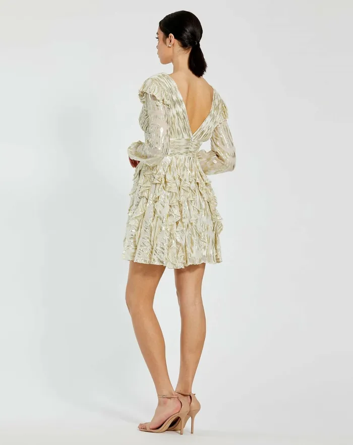 Long Sleeve Ruched Ruffle Mini Dress Gold Multi Women Daytime Dresses Mac Duggal Long Sleeve Ruched Ruffle Mini Dress Gold Multi Women Daytime Dresses Mac Duggal
