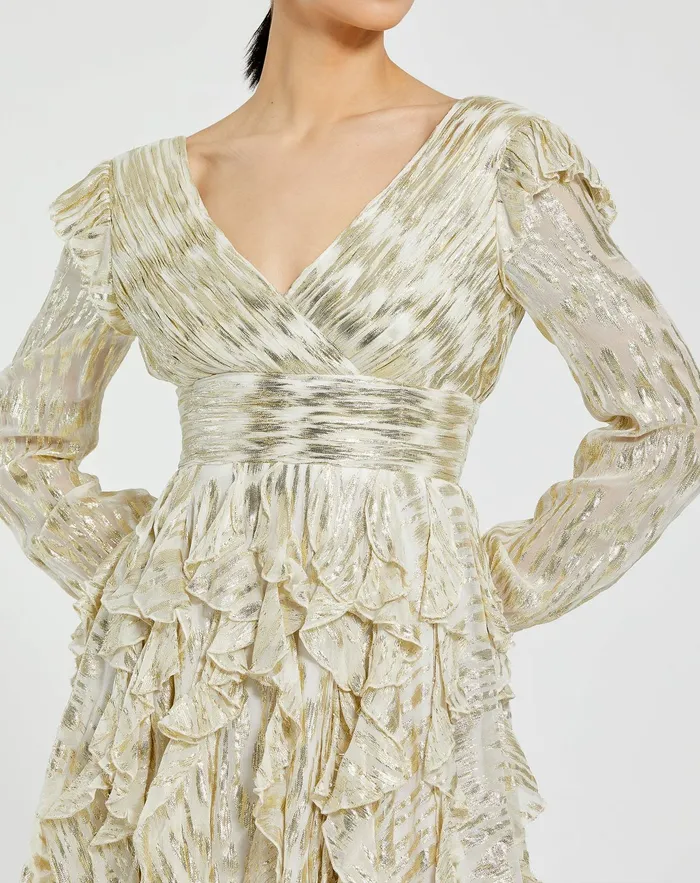 Long Sleeve Ruched Ruffle Mini Dress Gold Multi Women Daytime Dresses Mac Duggal Long Sleeve Ruched Ruffle Mini Dress Gold Multi Women Daytime Dresses Mac Duggal