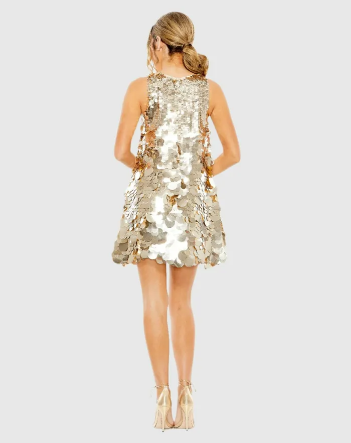 Mac Duggal Cocktail Dresses Women Sleeveless Disc Sequin Trapeze Dress Silver
