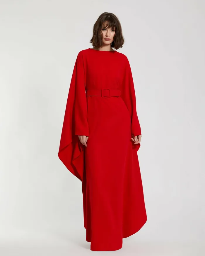 Mac Duggal Crepe Boat Neck Caftan Maxi Dress With Belt Cherry Women Every Day Dresses